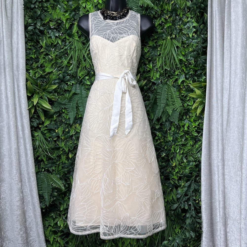 BCBGMAXAZRIA Dress Embroidered 6 Beige Organza Women Midi Gown $428 NWT 1894 - Picture 5 of 14